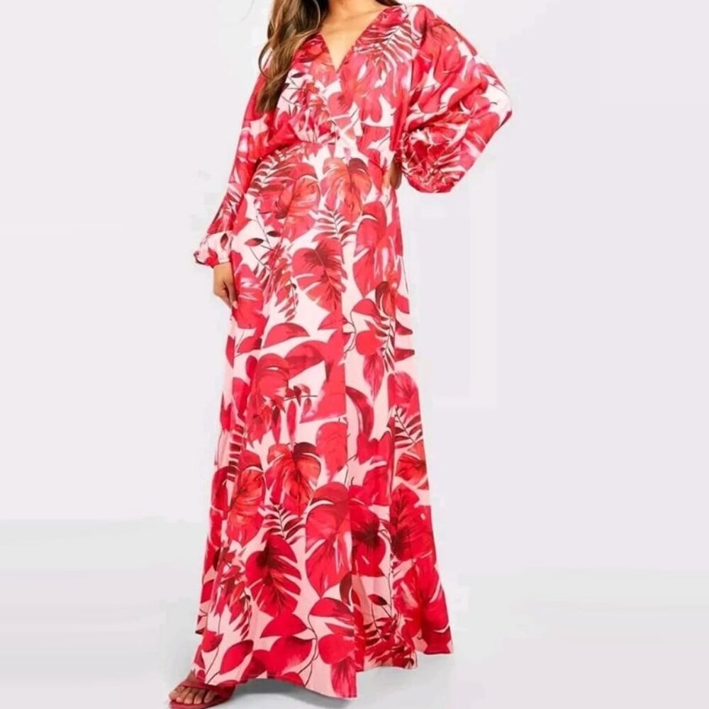 Boohoo Palm Print Wrap Maxi Dress